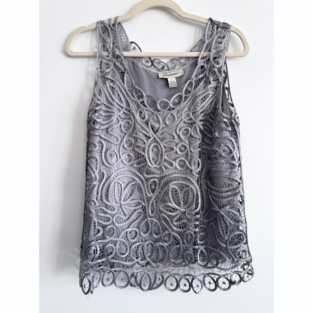 Vintage Soulmates 100% Silk Hand Crocheted Lace Top Gray Shimmer Cami Size L